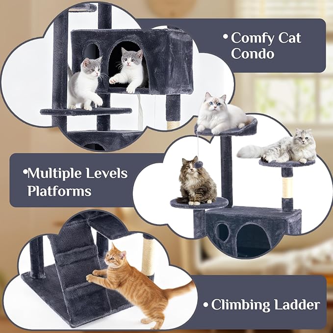 Sweetcrispy 62 Inch Cat Tree Tower, Multi-Level with Cat Scratching Post, Indoor Cat Condo with Climbing Ladder, Plush Toy, Play House for Cat, Dark Grey