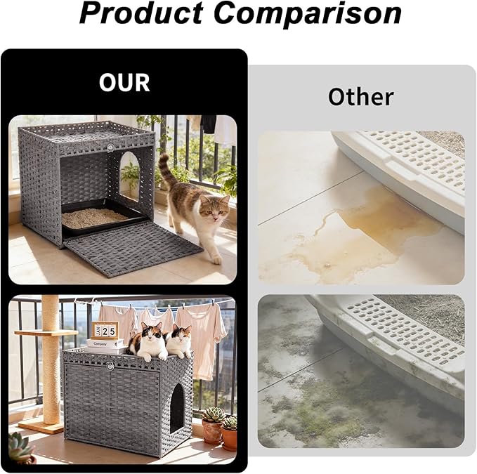 PeakPursuit Rattan Litter Box Enclosure Hidden Cat Furniture with Removable Litter Mat, Natural Cat House End Table, Easy Assembly, 27.5" l x 20.5" w x 22" h Grey
