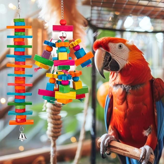 Seenelling 5 Pcs Extra Large Bird Parrot Toy Multicolored Natural Wooden Parrot Cage Chewing Toys for Large Medium Macaws Cockatoos African Grey Birds (Block and Ball)