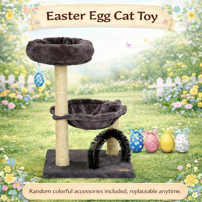 27.8" Small Cat Tree with Easter Eggs,Multi-Level Cute Cat Tree with Scratching Post| Plush Hammock| Perch| Random 3 Pcs Easter Eggs| Groomer Brush for Kittens Play & Rest