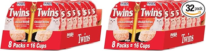 INABA Twins for Cats, Shredded Chicken & Broth Gelée Side Dish/Topper Cups with Vitamin E, 1.23 Ounces per Serving, Chicken Recipe (Pack of 32)