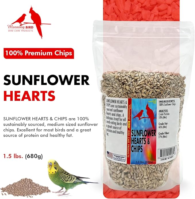 Morning Bird Sunflower Hearts & Chips 1.5 lbs – Premium Bird Seed with High Protein & Healthy Fat - Shelled Sunflower Hearts for Birds - Mess Free, Easy to Feed, Delicious Snack