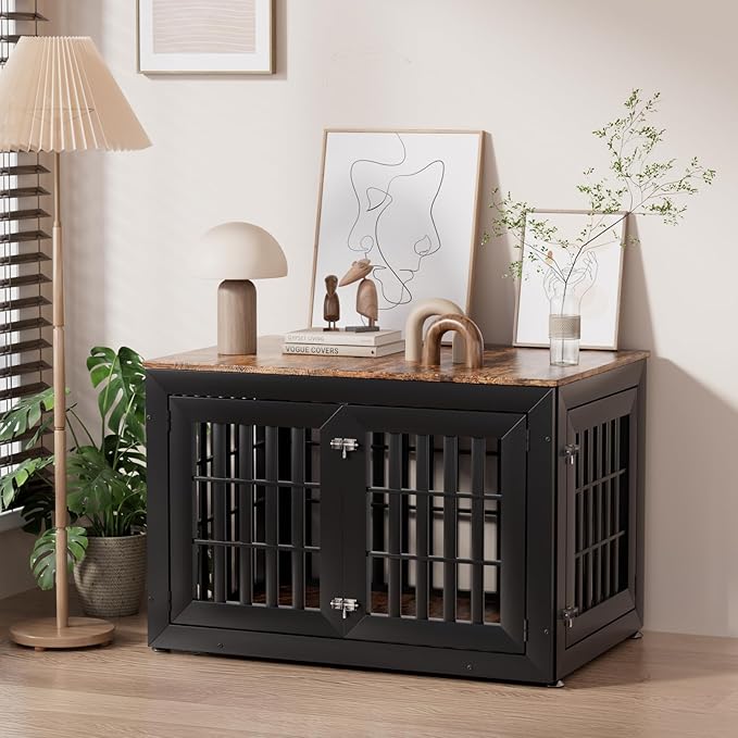 Snuowu 42" Heavy-Duty Dog Crate Furniture for Large/Medium Dogs, XL Wooden Dog Cage Kennel Indoor Furniture, Decorative Pet House End Table, Black & Wood