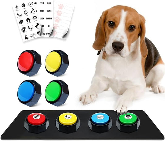 Recordable Buttons, Dog Buttons for Communication, Pack of 4 Colored Buzzers with Mat & 30 Scene Stickers 15 Custom Stickers. Non-Slip Stickers Inside