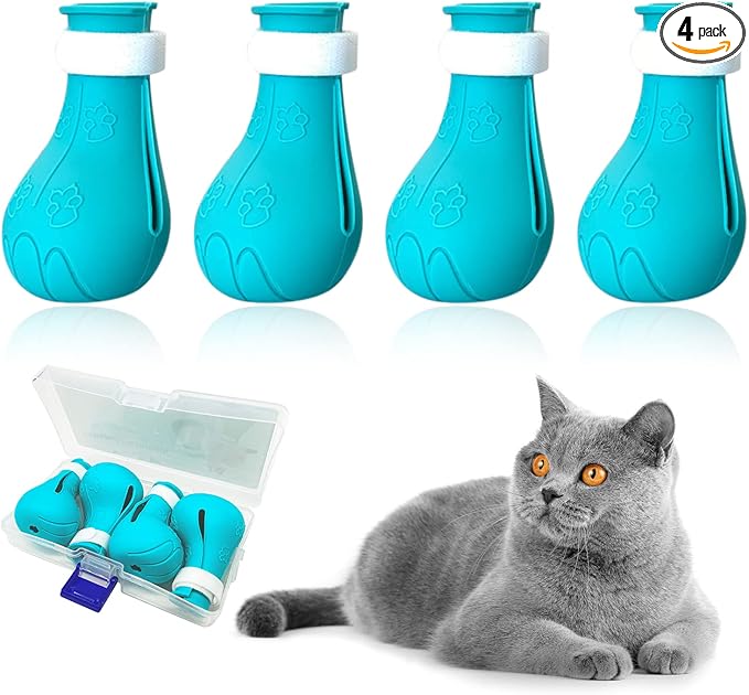 Cat Claw Covers Boots, Anti-Scratch Shoes Adjustable Prickly Anti-Off Shoes, Soft Silicone Paw Protector for Grooming Bathing Shaving to Prevent Scratching (Blue)