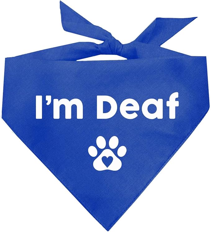 I'm Deaf Dog Bandana | 100% Adjustable Cotton Triangle | Made in USA | Deaf | Impaired | Hearing Loss Accessory | Warning | (Royal, OS 412)