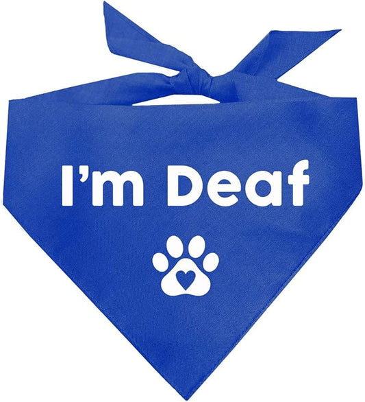 I'm Deaf Dog Bandana | 100% Adjustable Cotton Triangle | Made in USA | Deaf | Impaired | Hearing Loss Accessory | Warning | (Royal, OS 412)