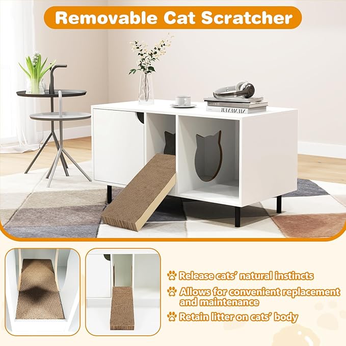 PETSITE Cat Little Box Enclosure, Litter Box Furniture with Removable Scratcher, Metal Legs, Cat Box Enclosure End Side Table, Hidden Litter Box Furniture, 40 x 21 x 22 inches (White)
