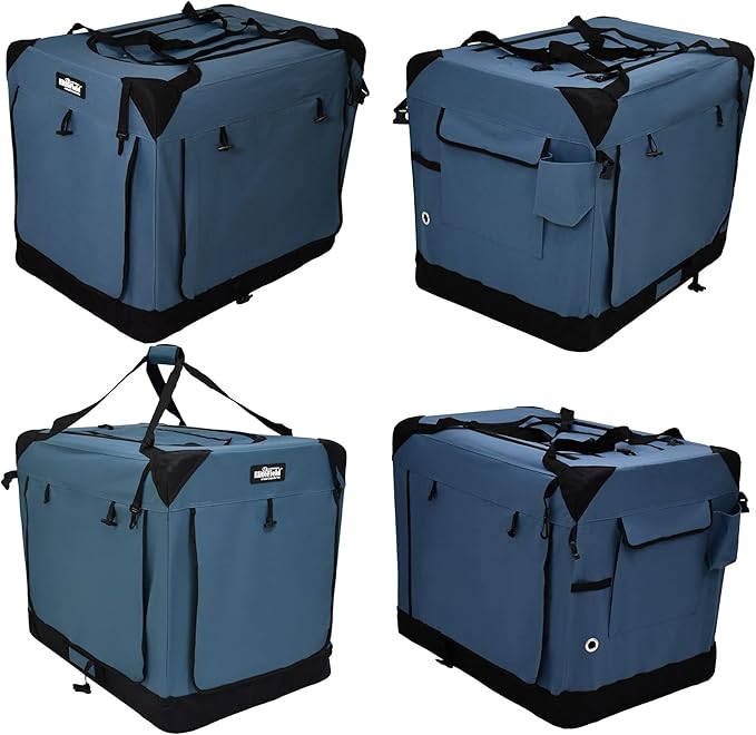 EliteField 4-Door Folding Soft Dog Crate with Curtains, Carrying Bag and Fleece Bed (2 Year Warranty), Indoor & Outdoor Pet Home (42" L x 28" W x 32" H, Blue Gray+4 Door Curtains)