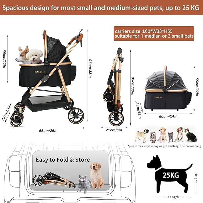 MILA&LOUIS Cat Stroller, 24" Pet Cradle, Lightweight & Stylish Dog and Pet Stroller for Medium and Small Pets, 25 Lbs Capacity with Cup Holder, Hook, Detachable Aluminum Cradle (Black)