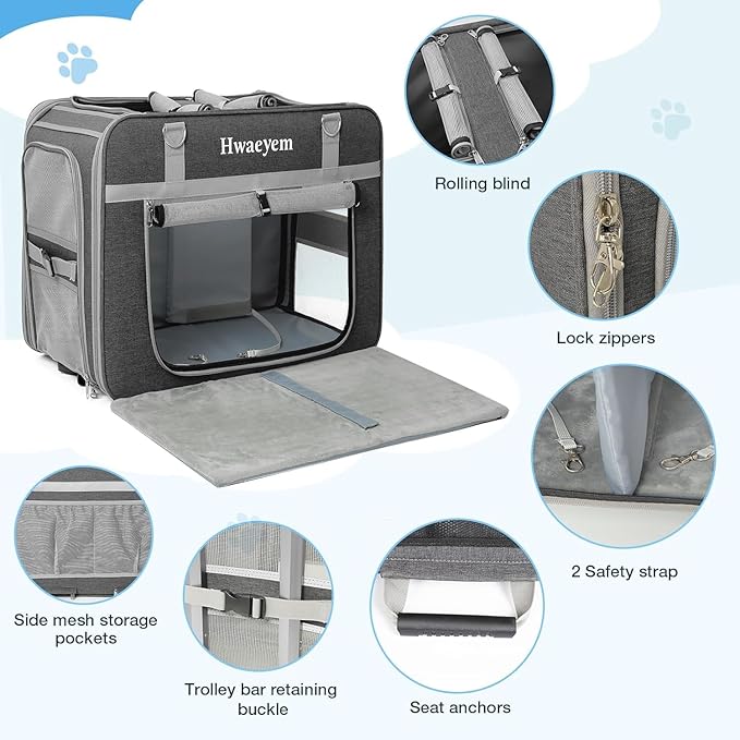 Rolling Cat Carrier for 2 Cats, 24" Large Capacity Pet Carrier with Wheels for Pets up to 40 lbs, Double Compartment Dog Travel Bag with Removable Divider & Telescopic Handle, Foldable(Gray, 24inch)