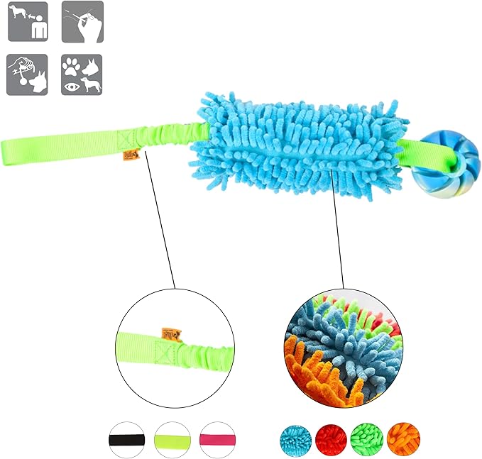 Dingo tug Toy for Dog, for Outdoor Indoor Play and tug of war, Bungee Handle, Soft Shaggy Nubby Like Plush Noodle and TPR Rubber Ball, Blue 15587