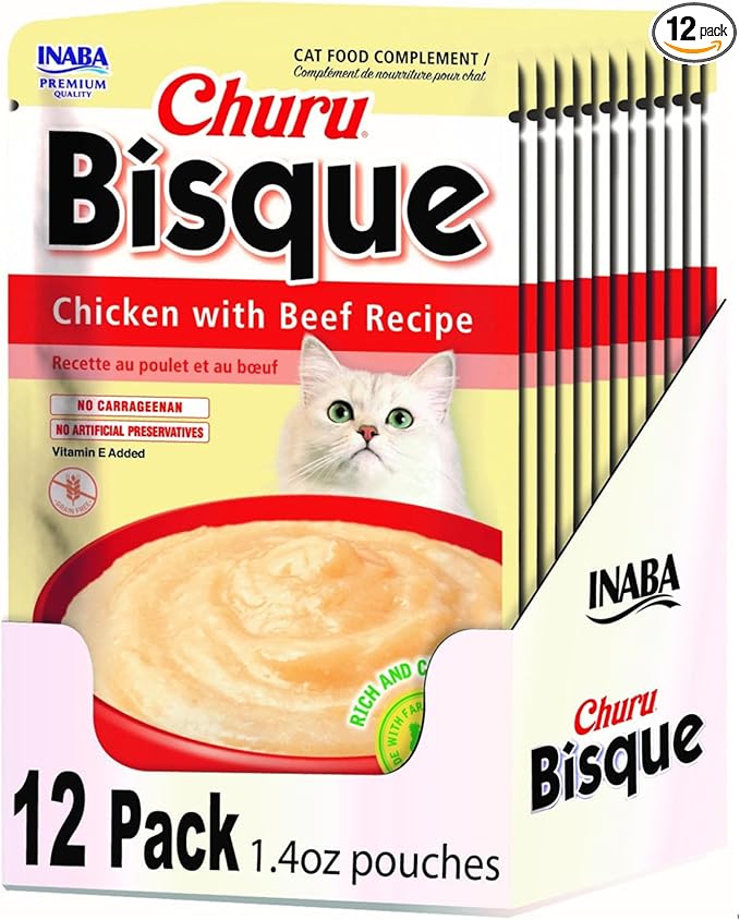 INABA Churu Bisque for Cats, Creamy Lickable Purée Side Dish with Vitamin E, 1.4 Ounces per Pouch, 12 Pouches, Chicken with Beef Recipe