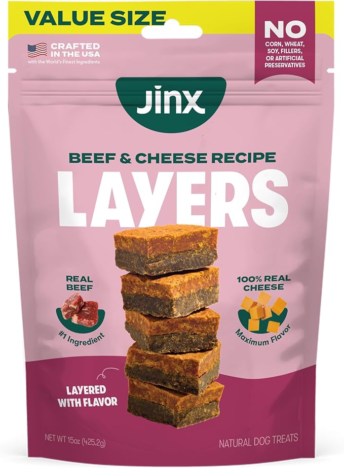 Jinx Beef & Cheese Layers Jerky Dog Treats - Crunchy, All Natural Dog Jerky Treats with Grass-Fed Beef & Cheese - Pet Products for All Dogs (Puppies, Adults & Seniors) - 15oz