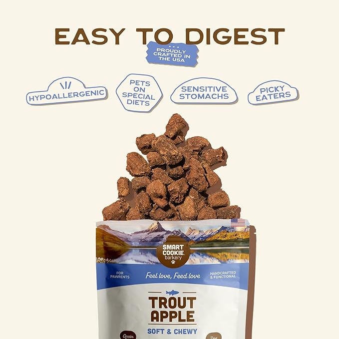 Smart Cookie All Natural Soft Dog Treats - Trout & Apple - Healthy Dog Treats for Allergies, Sensitive Stomachs - Chewy, Grain Free, Human-Grade, Made in The USA - 5oz Bag