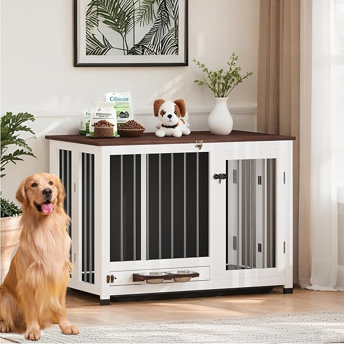 39.4" Dog Crate - Wood Dog Kennel Furniture with Removable Tray & 360° Rotating Feeder | White Dog Cage for Living Room, Bedroom, Indoor Sturdy Pet End Table for Medium & Large Dogs | Easy Assembly