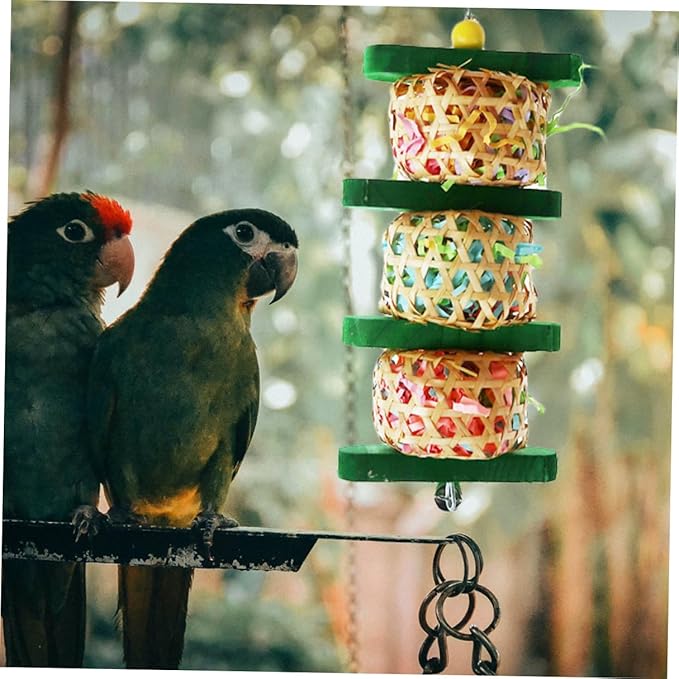 Parrot Chewing and Hanging Bell for Bird Cages, Woven Rattan and Wood Shredding Plaything, Safe Bite Accessory for Pet Parrots in Cage