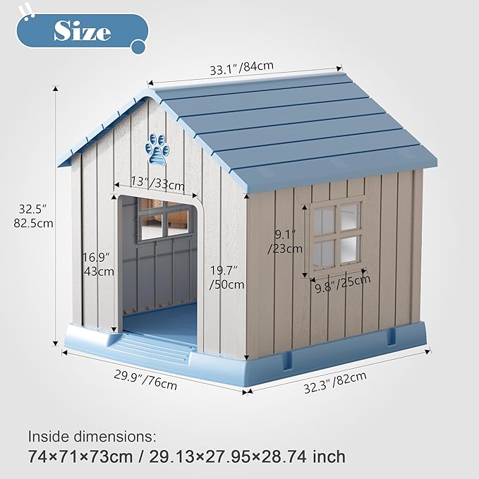 Bifanuo Dog House for Outdoor & Indoor Use with Window, Waterproof Ventilated Kennel with Elevated Floor, Easy to Clean Shelter for Small Medium Dogs (Blue, 29.9" L x 32.3" W x 32.5" H)