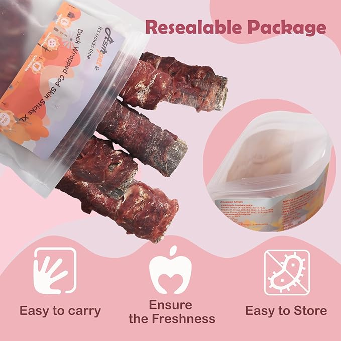 Dog Cod Skin Treats, Duck Wrapped Cod Skin Sticks, Rawhide Free Dog Treats Chews Bones, Extra Large