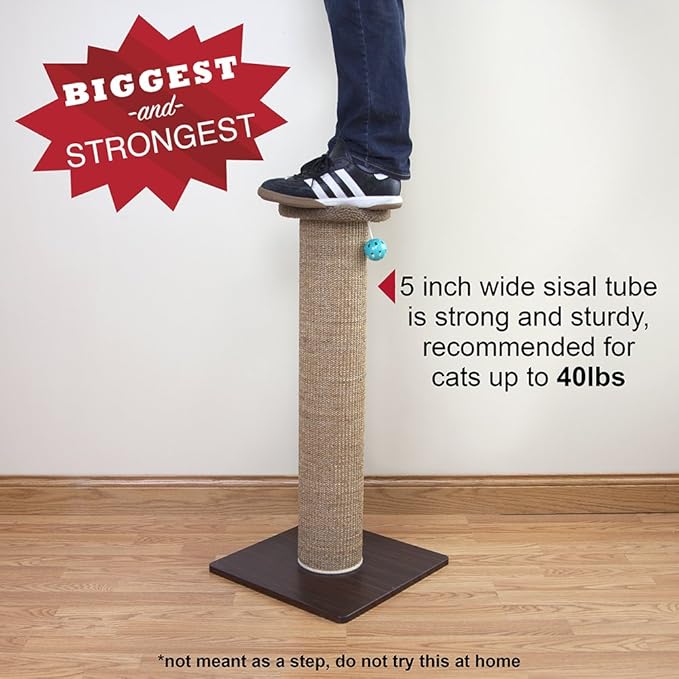 Kitty City Tall Sisal Cat Scratching Post, 32” Durable Scratcher with Sturdy Base & Hanging Jingle Toy, Easy Assembly, Furniture Protection for Indoor Cats - Brown