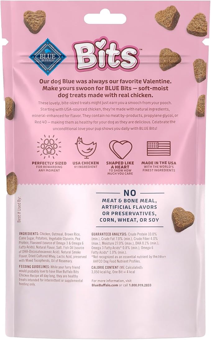 Blue Buffalo Bits Soft & Chewy Natural Dog Treats, Bite-Sized & Heart-Shaped Valentine’s Morsels, Chicken Recipe, 4.5-oz Bag