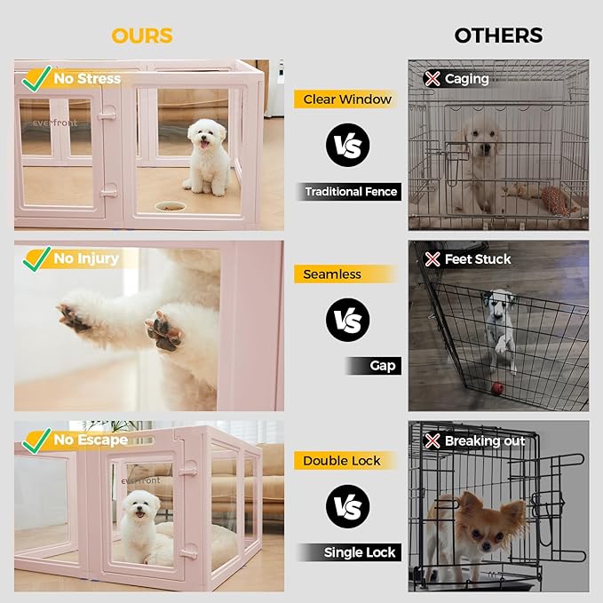 EVERFRONT Clear Acrylic Plastic Dog Playpen - Clear Dog Play Pen - Easy Assemble Acrylic Dog Playpen - Puppy Playpen, Cat Playpen, Small Animal Playpen, Dog Play Pen Indoors (Pink-30.3" H, 8PCS)