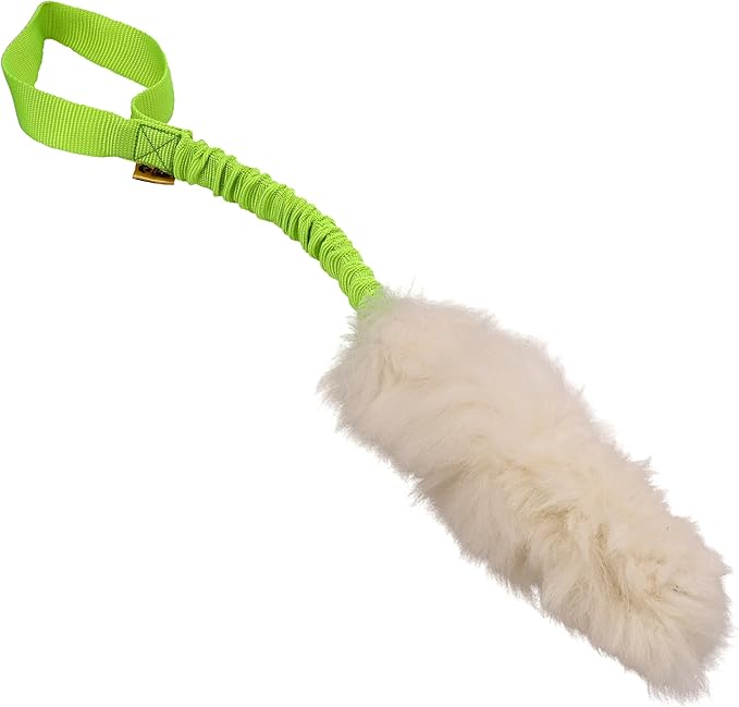 Dingo Natural tug Toy for Dog, Sheepskin Toy, Sheep Leather, for Chasing Motivation Reward Agility, Bungee Handle, Green 15581