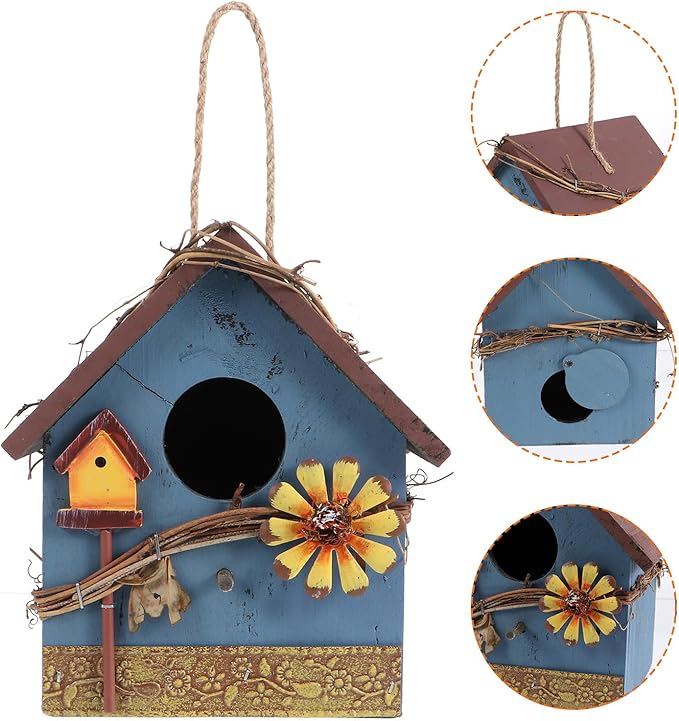 Kisangel Wooden Bird Parrot House Feeder Hanging Wild Bird House Outdoor Garden Blue Metal Edge Birdhouse for Backyard Birding and Wildlife Feeding
