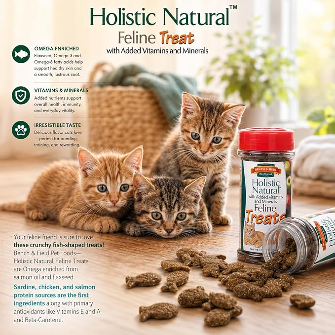 Bench & Field Holistic Natural Healthy Kitty Cat Treats | Crunchy Fish-Shaped Bites | Delicious Seafood Flavored Snack, 3-Ounce Bottle
