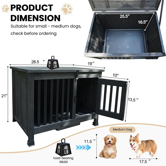 Agitree 28" Dog Crate Furniture, Fully Assembled Wooden Dog Kennel with Removable Tray, Decorative Pet Crate Dog Cage Indoor Furniture End Table, Portable Pet Cage for Small & Medium Dogs, Black