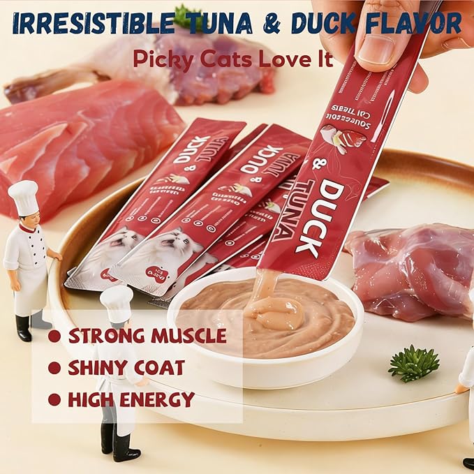 Pawmate Lickable Tuna & Duck Cat Treats, High Moisture Wet Cat Squeeze Snacks for Urinary Health & Hydration, Creamy Cat Puree for Kittens & Adult Cats, Grain-Free & Easy to Digest, 20 Tubes, 15g Each