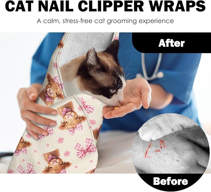 27.6"Cat Grooming Wrap, Self Adhesive Cat Wrap for Cutting Nail, Anti-Escape Calming Cat Swaddle Wrap for Medicine Ear Cleaning, Cow Anti-Scratch Cats Burrito Restraint Blanket, Pet Tool (6-10 lbs)