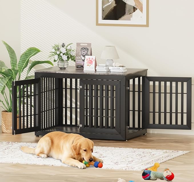 Snuowu 48" Heavy-Duty Dog Crate Furniture for Large Dogs, XXL Wooden Dog Cage Kennel Indoor Furniture, Decorative Pet House End Table, Black & Grey