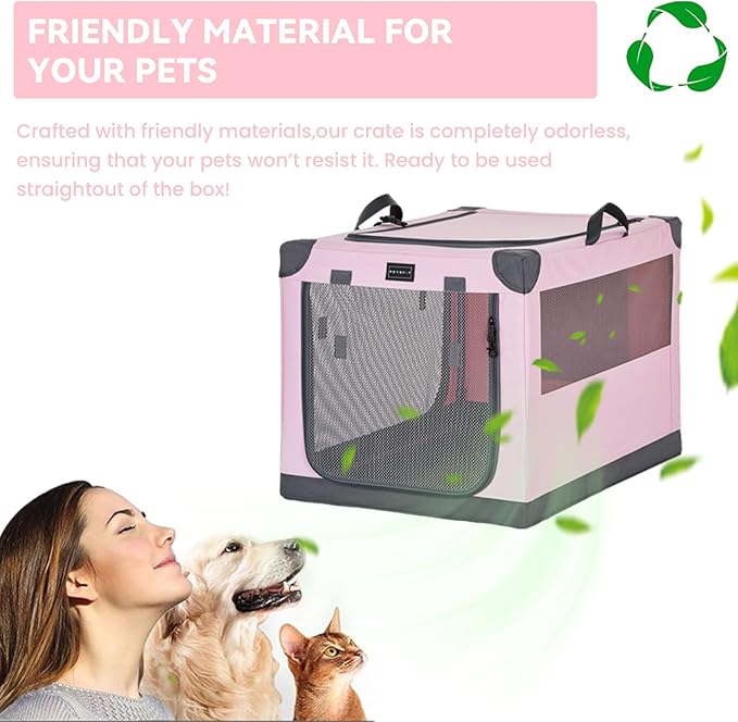PETSFIT 36" Soft Portable Dog Crate – Patented Spiral Sturdy Frame, Collapsible Travel Kennel for Medium & Large Dogs, 3 Mesh Door, Lockable Zippers, Indoor & Car Use Pink