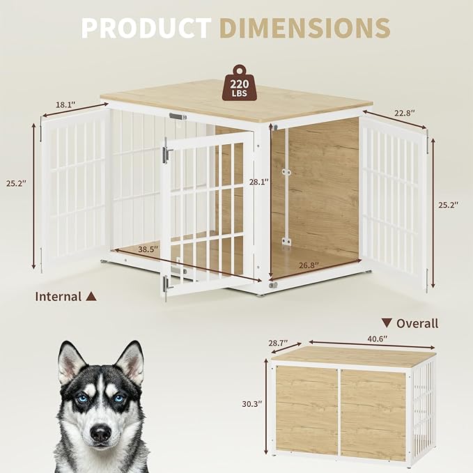 41" Heavy Duty Dog Crate Furniture, Wooden Dog Cage Kennel for Lrage and Extra Large Dogs, Dog Kennel Indoor with Side Door, Decorative Pet House End Table, White and Natural