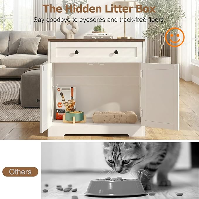Cat Litter Box Enclosure with Storage Drawers, Hidden Litter Box Wooden Furniture, Modern Farmhouse Indoor Cat House, Multifunctional Side Table, White
