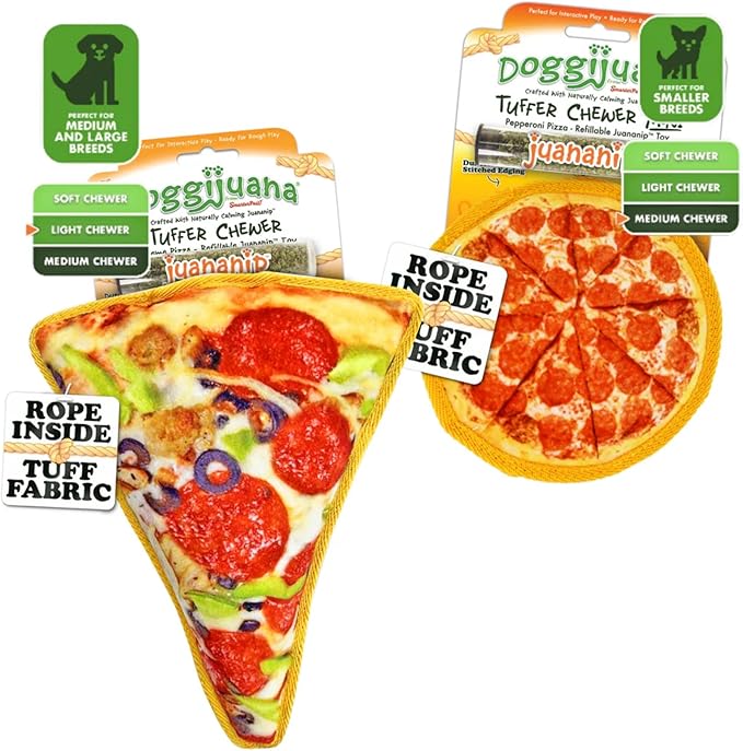 Doggijuana Cafe Combo Refillable Juananip Toy Bundle | Supreme Pizza & Pepperoni Pizza | Funny Dog Toy Plush with Catnip and Refill | Interactive Chew for Play
