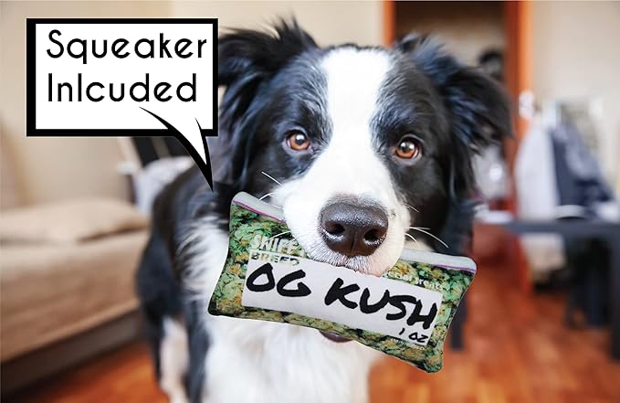 Impressed.co Bag-O-Weed OG Kush Ounce of Weed Parody Zip Bag - Heavy Duty Plush Dog Toy with Squeaker- Funny Print Pet Chew Toy - Stoner Gift for Small Medium and Large Dogs