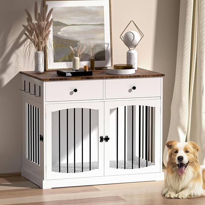 BREEZEHEAT Dog Crate Furniture with Drawers-Farmhouse Dog Kennel, White, 40 inch