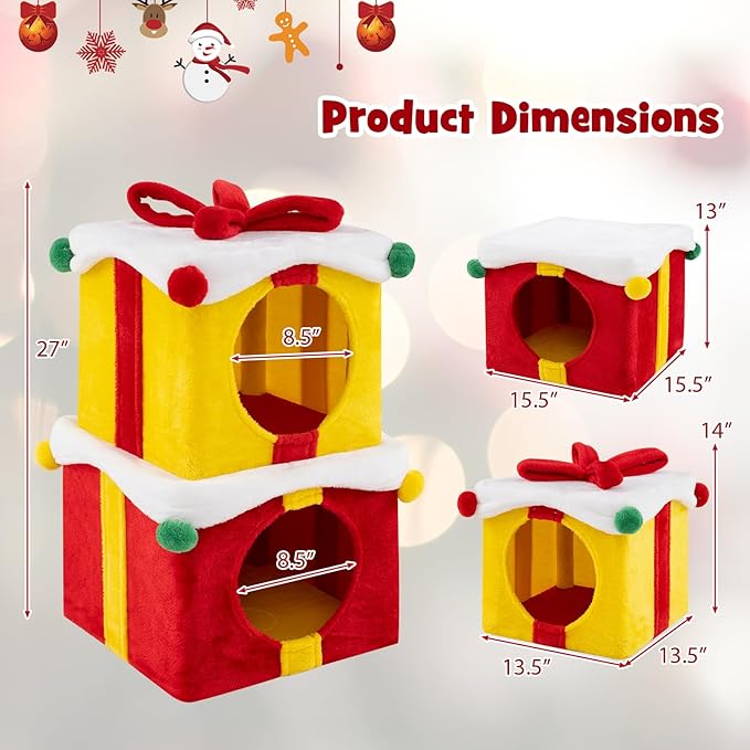 PETSITE Christmas-Themed Gift Box-Shaped Cat House, Stackable 2-Piece Indoor Cat Caves for Kittens, Colorful 2-Story Cat Hideaway Cat Bed for Indoor Cats