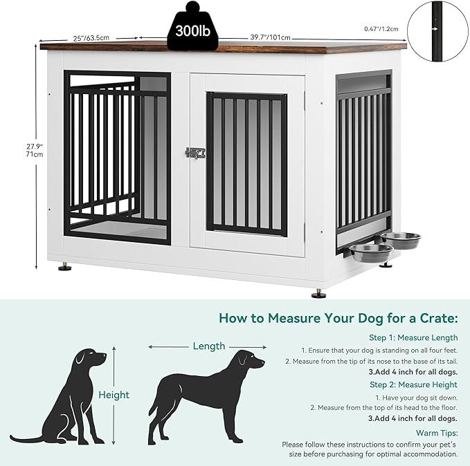 YITAHOME 39" Dog Crate Furniture, Wooden Side End Table with Adjustable Feet and Removable Bowls, Dog Kennel Indoor for Medium Large Dogs