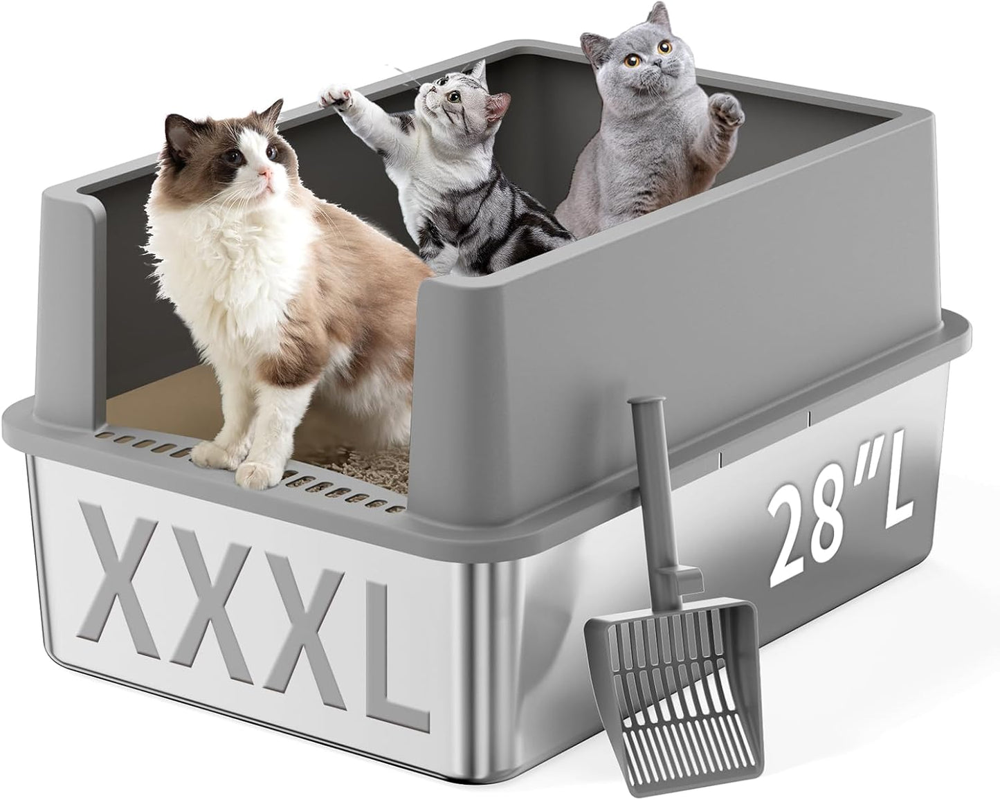 28" Extra Large XXL Stainless Steel Cat Litter Boxes with Lid Metal Cat Litterbox Pan for Big Cats and Multiple Cats, Anti-Leakage, Easy Cleaning, Include Scoop
