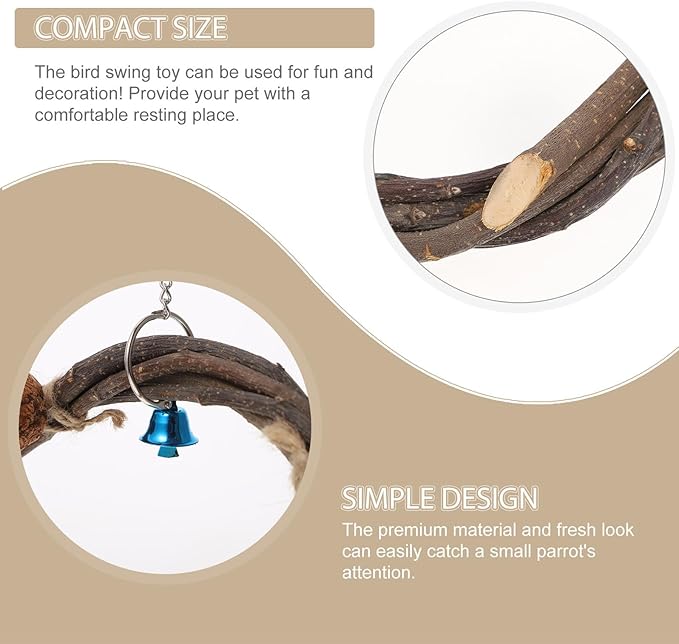 Beaupretty Parrot Hanging Hammock Ring Bell, 20cm Rattan Climbing Swing Bed for Parakeet Birdcage, Includes 4 Nut Accessories for Bird Training and Play