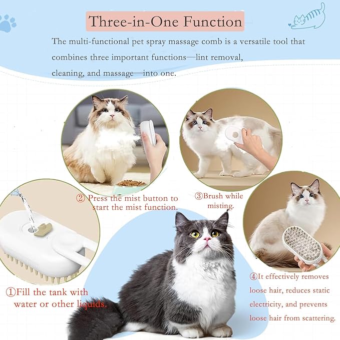 3-in-1 Cat & Dog Grooming Brush, Steam & Massage, USB Rechargeable, White, All Hair Types, Pet Owners (Cats & Dogs), Unisex