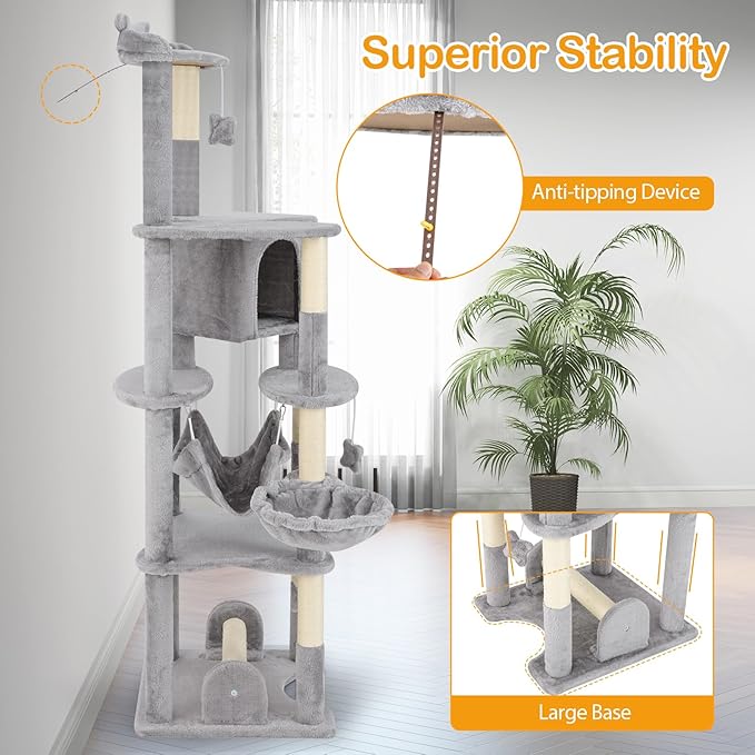 PETSITE 69 Inch Tall Cat Tree, Multi-Level Grey Cat Tower with Sisal Scratching Posts, Cat Condo, Basket Bed, Hammock, Basket Bed, and Hanging Toys, Modern Cat Tree Tower for Indoor Cats