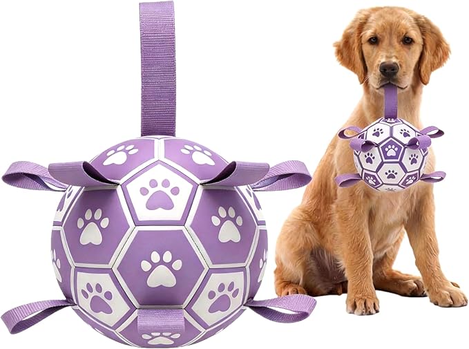Dog Toys Balls, Dog Soccer Ball with Straps, Dog Birthday Gifts, Durable Balls for Small Medium Pet, Puppy Outdoor Toy, Pet Training Soccer Ball, World Cup Soccer (6 Inch) (Purple, Medium)