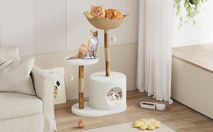 Luxury Wooden Cat Tree Tower for Large Cats41"/46" Modern Cat Condo with Natural Wood, Jute Scratching Posts, Spacious Woven Basket, Hanging Plaything Balls – Deluxe Indoor Cat Furniture, No locations