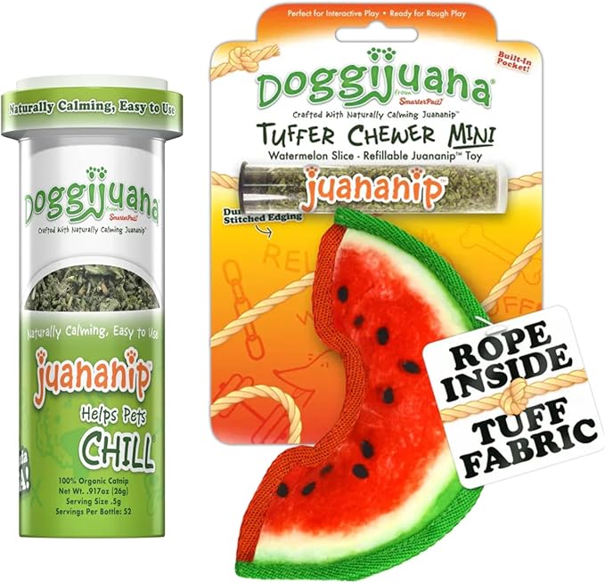 Doggijuana Mini Doggi Duo Refillable Juananip Toy Bundle | Watermelon Slice & Juananip | Funny Dog Toy Plush with Catnip and Refill | Interactive Chew for Play