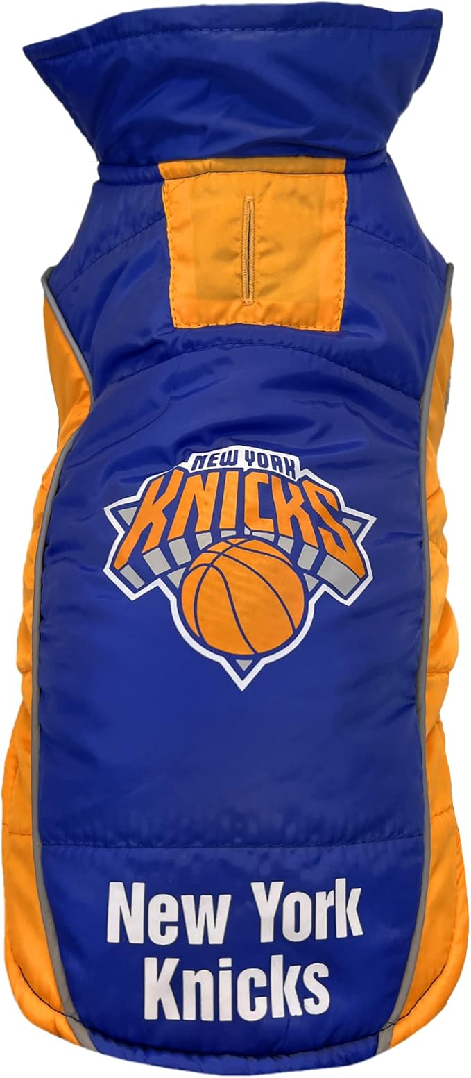 NBA New York Knicks Puffer Vest for Dogs & Cats, Size Large. Warm, Cozy, and Waterproof Dog Coat, for Small and Large Dogs/Cats. Best NBA Licensed PET Warming Sports Jacket