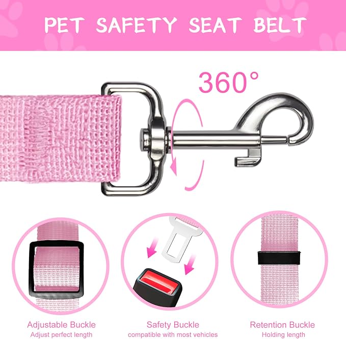 2 PCS Dog Seat Belt for Car Frskcssd Adjustable Dog Car Harness Heavy Duty Nylon Dogs Safety Seat Belt (Black+Pink)